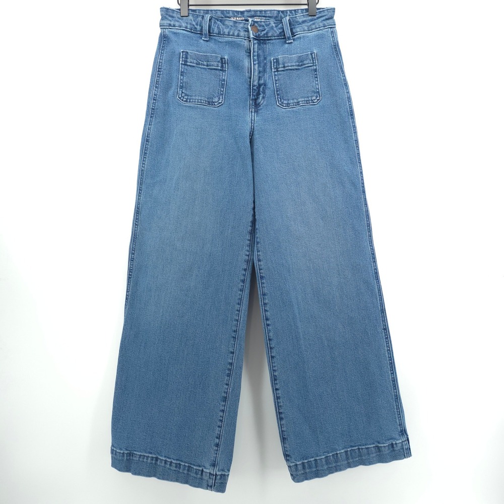 Old Navy Extra High Rise Women Wide Leg Jeans 10 Blue Patch Pocket Retro